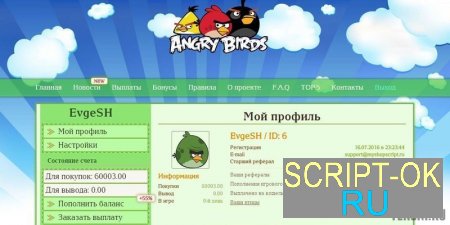 Скрипт игры с выводом денег Angry Birds