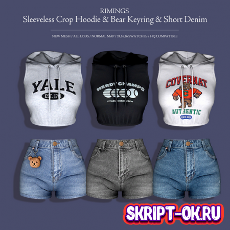 Топ и шорты для симс 4 "Sleeveless Crop Hoodie & Bear Keyring & Short Denim